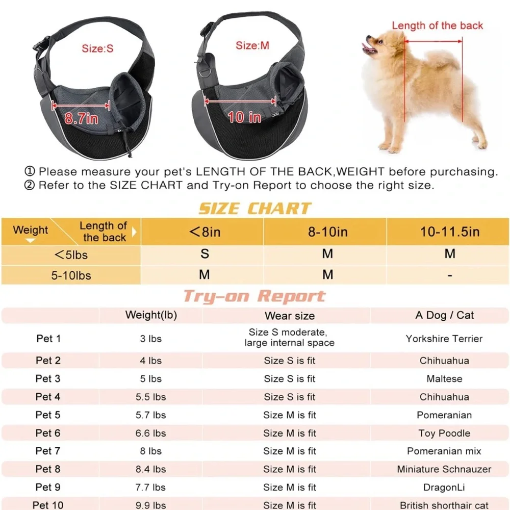 WOYYHO Breathable Pet Dog Sling Carrier Adjustable Strap (Small up to 5 lbs)